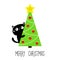 Merry Christmas Happy New Year. Cat peeking around Christmas tree. Triangle shape. Xmas ball toy. Golden star. Cute cartoon kawaii