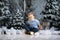 Merry Christmas and Happy New Year! Charming little boy is sitting at home, snowy winter decorated tree on background. New Year an