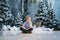 Merry Christmas and Happy New Year! Charming little boy is sitting at home, snowy winter decorated tree on background. New Year an