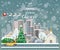 Merry Christmas and Happy New Year in Chicago. Greeting festive card from the USA. Winter snowing city with cute cozy houses