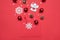 Merry Christmas and Happy New year concept. Top above overhead close up photo image of unpacked red color bright envelope and