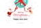 Merry Christmas and happy new year, confetti falling, Santa Claus and reindeer hanging with red ribbons on gift, cartoon greeting