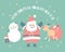 Merry christmas and happy new year with cute santa claus, snowflake, star, reindeer, snowman in the winter season green background