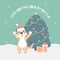 Merry christmas and happy new year with cute tiger, gift box and christmas tree pine in the winter season green background
