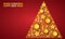 Merry Christmas and happy New year. Festive Golden Christmas tree with decorations.