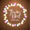 Merry Christmas and Happy New Year. French Language. Glowing Christmas Lights Wreath for Xmas Holiday Greeting Card Design. Wooden