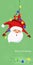 Merry Christmas and a Happy New Year funny Greeting card. Santa Claus tangled in a garland hangs on the green background with snow