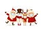 Merry Christmas. Happy new year. Funny Santa Claus with cute Mrs. Claus, red-nosed Reindeer, snowman with medical maskisolated.