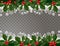 Merry Christmas and Happy New Year garland pattern border with holly berries and snowflakes on transparent background.