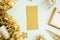Merry christmas and happy new year gold greeting card view of sparkling gold tinsel,ball,ornament decorate on green strip line
