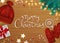 Merry Christmas and Happy New Year Greeting Background. Hand Drawn Lettering. Winter Elements fir branches, knitted hat, mittens