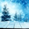 Merry christmas and happy new year greeting background with table .Winter landscape with snow and christmas trees