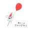 Merry Christmas and happy New Year Greeting Card. 2020 Cute White Santa Claus Mouse or Rat Fly in a Balloon. Animal
