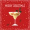 Merry Christmas, Happy New Year greeting card. Cocktail, wine glass with holly berries. Cheers handletterd text. Winter