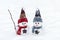 Merry christmas and happy new year greeting card with copy space Happy two little snowmen in red, blue cap and scarf standing in