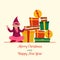 Merry Christmas And Happy New Year Greeting Card With Cute Girl Sitting And Stack Of Gift Boxes On Beige