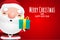 Merry Christmas and happy new year greeting card with cute Santa holding xmas gift and empty space for messages in red background