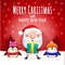 Merry Christmas and happy new year greeting card with cute Santa holding xmas gift and empty space for messages in red background