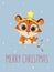 Merry Christmas and Happy New Year greeting card. Cute tiger in a headband with a star and a garland on a background of