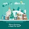 Merry Christmas and a Happy New Year greeting card in modern flat design. Snowy village