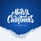 Merry Christmas and Happy New Year. Handwritten brush lettering with silhouette of forest hillside on blue background.