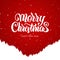 Merry Christmas and Happy New Year. Handwritten lettering with silhouette of forest hillside on red background.