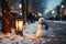 Merry christmas and happy new year. Happy snowman standing in winter town street