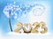 Merry Christmas and Happy New Year Holiday background with a gold 2023 and clock.