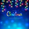 Merry Christmas and happy new year holiday greeting card. Colourful christmas lights. Glowing xmas garland. Glowing lights on blue