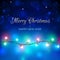 Merry Christmas and happy new year holiday greeting card. Colourful christmas lights. Glowing xmas garland. Glowing lights on blue