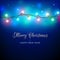 Merry Christmas and happy new year holiday greeting card. Colourful christmas lights. Glowing xmas garland. Glowing lights on blue