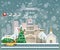 Merry Christmas and Happy New Year in Illinois. Greeting festive card from the USA. Winter snowing city with cute cozy houses