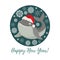 Merry Christmas and Happy New Year. Isolated smiling cartoon whale in Christmas hat in circle. Cute vector illustration.