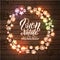 Merry Christmas and Happy New Year. Italian Language. Glowing Christmas Lights Wreath for Xmas Holiday Greeting Card Design.