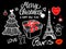 Merry Christmas and Happy New Year Lettering Card fashion sketch celebration gift box, tree, Paris Eiffel Tower. White