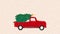 Merry Christmas and Happy New Year Postcard or Poster or Flyer template with pickup truck with christmas tree