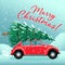 Merry Christmas and Happy New Year Postcard or Poster or Flyer template with red retro car christmas tree on roof
