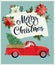Merry Christmas and Happy New Year Postcard or Poster or Flyer template with retro pickup truck with christmas tree
