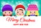 Merry Christmas and Happy new year poster, cheerful Group of happy kids wearing christmas hats santa claus with big sign board