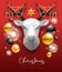 Merry Christmas and happy New Year poster with christmas holiday decorations. Paper deer head. Christmas holiday background.