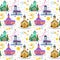 Merry christmas and happy new year seamless pattern, church and green tree under snow, christianity and Catholic winter