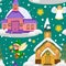 Merry christmas and happy new year seamless pattern, church and green tree under snow, christianity and Catholic winter