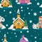 Merry christmas and happy new year seamless pattern, church and green tree under snow, christianity and Catholic winter