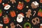 Merry Christmas and Happy New year seamless pattern. Santa Claus, gifts, cocoa, coffee, gingerbread.