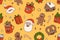 Merry Christmas and Happy New year seamless pattern. Santa Claus, gifts, cocoa, coffee, gingerbread.