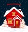 Merry Christmas and Happy New Year seasonal winter card template with red xmas house in snow