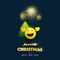 Merry Christmas and Happy New Year! - Smiling Emoji with Christmas Tree and Fireworks - Card with Simple Shiny Happy Emoticon