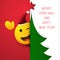 Merry Christmas and Happy New Year! - Smiling, Waving and Winking Emoji with Red Santa Hat - Card with Shiny Happy Emoticon