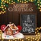 Merry Christmas and Happy New Year, square greeting postcard with wooden wall, garland, chalkboard with lettering.