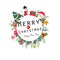 ``Merry Christmas and happy new year`` text wreath round frame. Happy new year greeting colorful light bulb, snow man